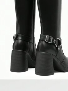 Women's Chunky Heel Platform Knee-High Boots Square Toe Side Zipper Adjustable Straps Buckle Decorated Motorcycle Riding Boots - 黑色 - 查看 8