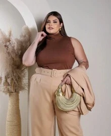 Plus Size Tailored Pants With Belt, High Waist, Elegant, Formal - 摩卡棕 - View 1