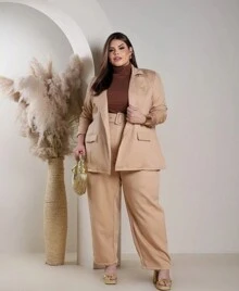 Plus Size Tailored Pants With Belt, High Waist, Elegant, Formal - 摩卡棕 - View 2