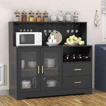 Freestanding Wine Bar Cabinet With Wine Rack And Glass Holders, Home Coffee Cabinet With LED Light, Kitchen Buffet Sideboard With 2 Large Storage Drawers And Storage Cabinet, Modern Liquor Cabinet For Living Room Dining Room - 黑色 - 查看 7