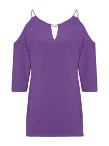 Womens Casual Half Sleeve T-shirt Fashion Solid Color Off-shoulder V-neck Pullover Tops - Morado - Ver 1