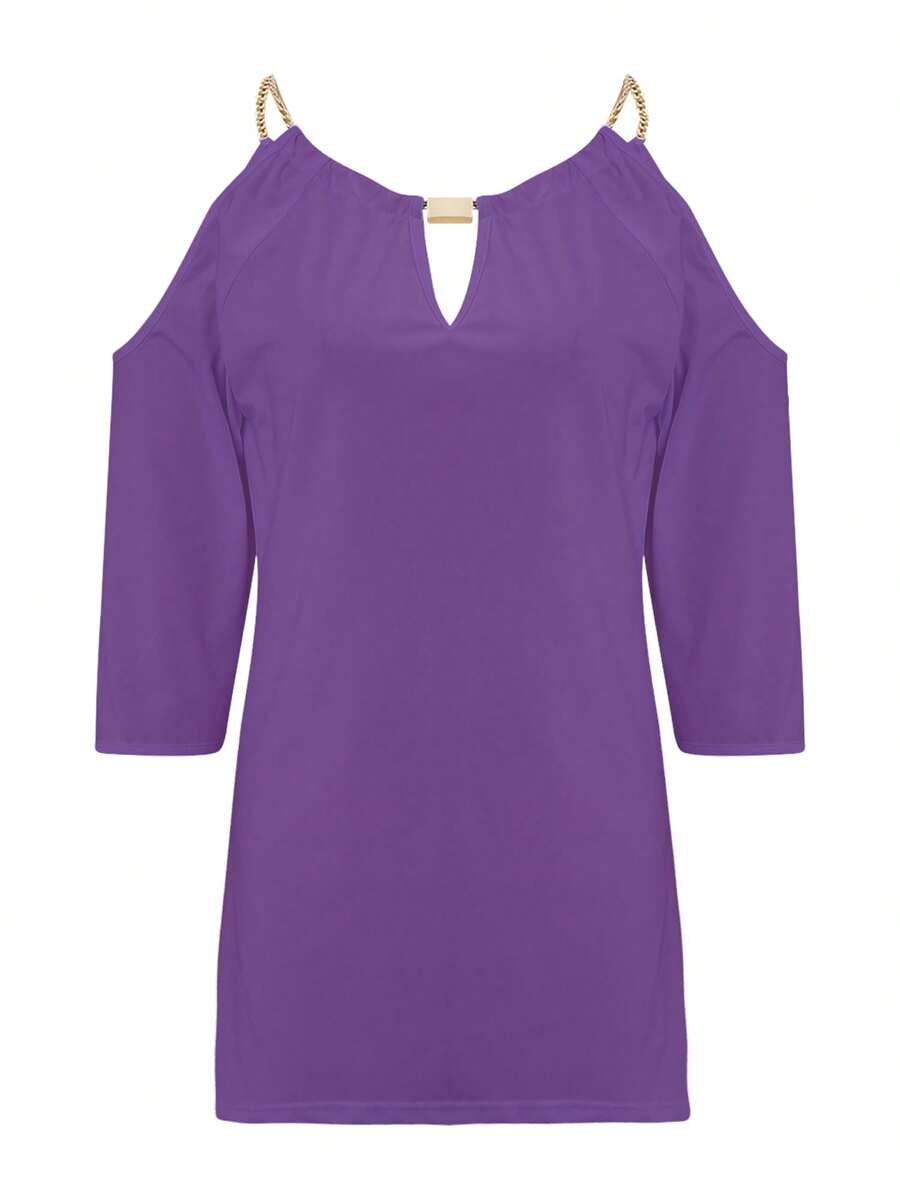 Womens Casual Half Sleeve T-shirt Fashion Solid Color Off-shoulder V-neck Pullover Tops - Morado - Ver 1