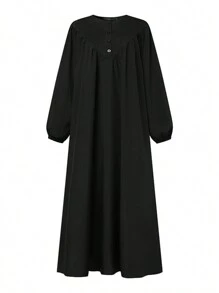 ZANZEA Women Round Neck Buttons Pleated Long Sleeve Tunic Swing Loose Kaftan Casual Party Long Dress - 黑色 - 查看 3