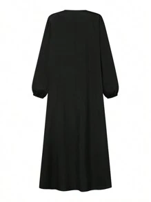ZANZEA Women Round Neck Buttons Pleated Long Sleeve Tunic Swing Loose Kaftan Casual Party Long Dress - 黑色 - 查看 4