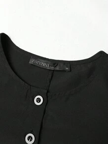 ZANZEA Women Round Neck Buttons Pleated Long Sleeve Tunic Swing Loose Kaftan Casual Party Long Dress - 黑色 - 查看 5