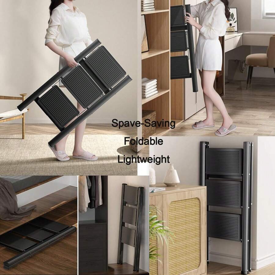 3 Step Ladder Folding Small Step Ladder With Anti-Slip Wide Steps 3-Step Lightweight Foldable Ladder Indoor Steel Stepladder Portable Three Steps Household Ladder Step Stool For Kitchen Home - Black - View 1