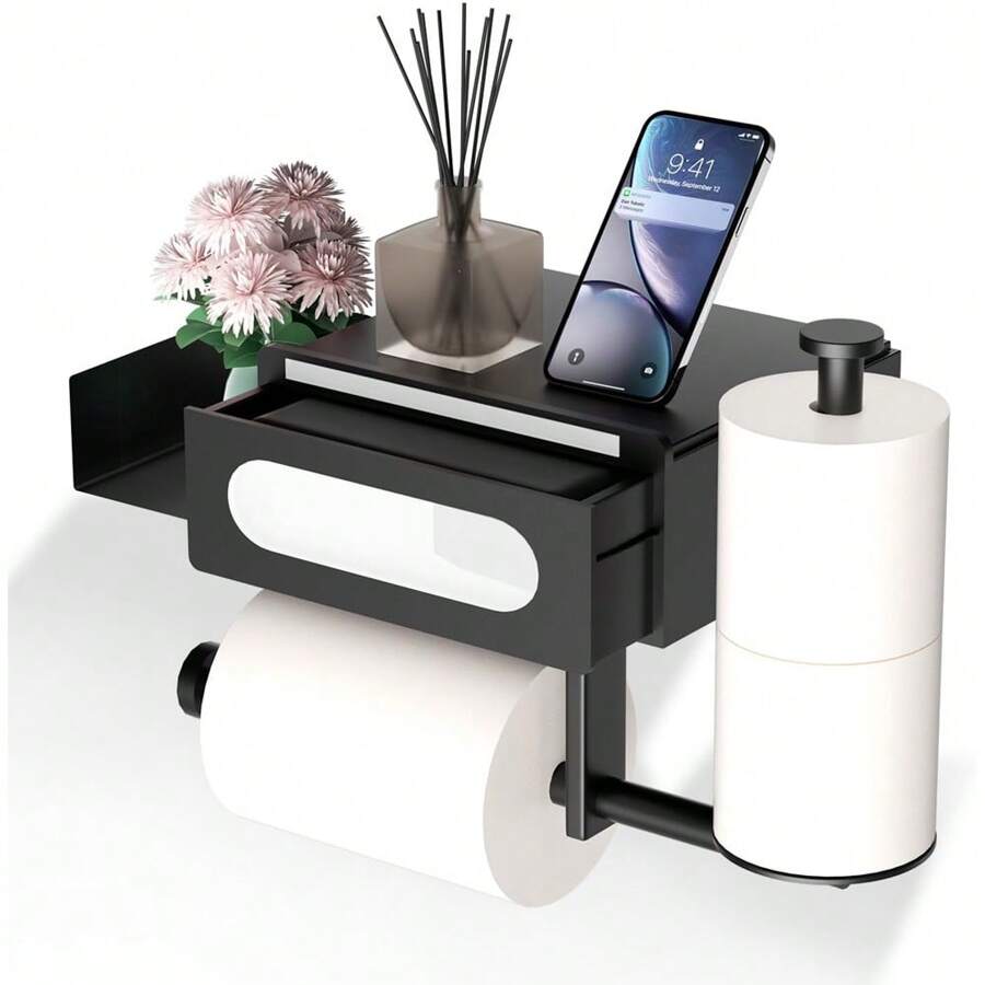 Universal Toilet Paper Stand With Storage Shelf, Black Stainless Steel