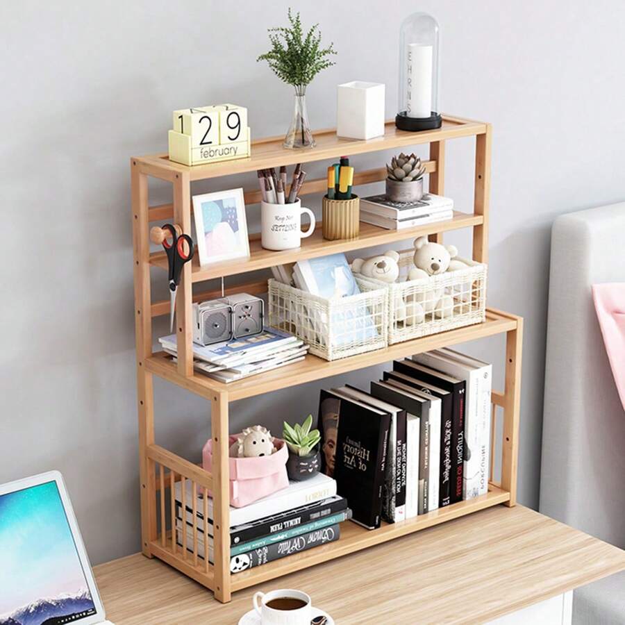 3 Layers Bamboo Desktop Bookshelf Organizer Office Desk Storage Shelf Rack - Yellow - View 1