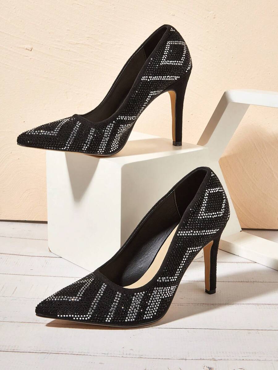 Scarpe eleganti da donna con tacco alto in velluto  nera con decorazioni casuali in cristallo, adatte per l uso quotidiano, feste, banchetti