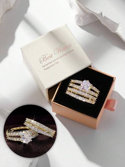 Gift Box Golden Rings Set, Luxury Sparkling 4-Band Fully Paved Rings, Suitable For Wedding Wear, Valentine's Day Gift For Women,Mom,Mother,Mother's Day,Gift