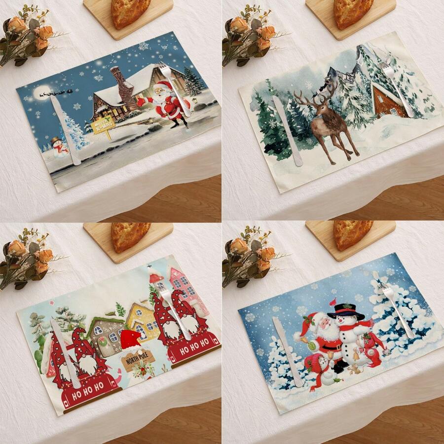 1 cái/4 cái/6 cái Miếng lót đĩa vải lanh Giáng sinh, Người tuyết, Cây thông Noel, Bông tuyết, Ông già Noel, Hoa văn tuần lộc, Miếng lót đĩa bền cho gia đình, nhà hàng và phòng ăn, Đồ trang trí nhà Giáng sinh - Nhiều màu - Xem 1