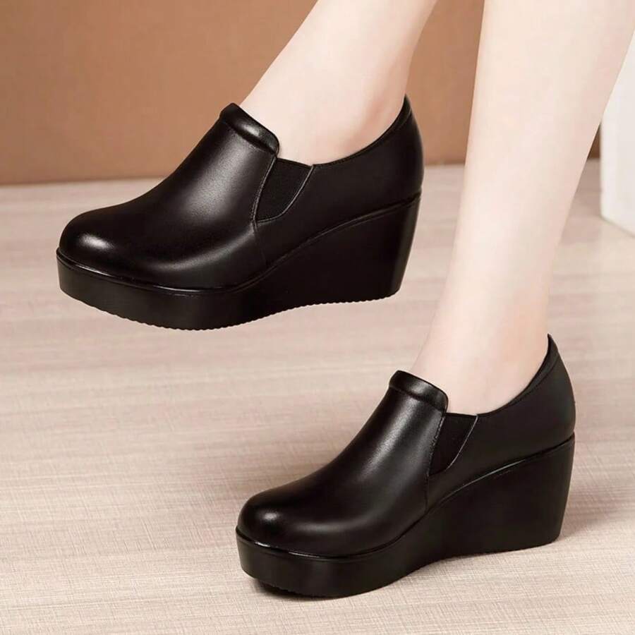 Comfortable Med Heels Wedges Shoes Leather Loafers 2024 Fall Deep Mouth