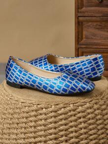 Women's Fashion Elegant Square Toe Shallow Slip-On Solid Color Embossed Flat Shoes, French Retro Comfortable Versatile Office Wear Flats - Teal Blue - View 4