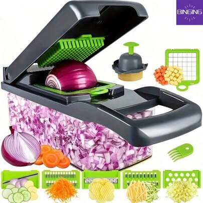 1pc Vegetable Chopper, Multifunctional Fruit Slicer, Handle Food Grater, Vegetable Slicer, Cutter With Container, Onion Mincer Chopper With Multiple Interchangeable Blades, Household Potato Shredder, Kitchen Stuff, Kitchen Gadgets
