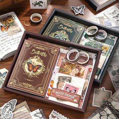Zestaw do scrapbookingu 140 szt./pudełko, seria Butterfly Warm, motyw retro Exquisite Butterfly And Plant Flower, materiał na naklejki do notatnika, papierowa taśma klejąca i inne zestawy łączone, artykuły do scrapbookingu, ozdobne ramki do zdjęć do notatnika, etui na telefony komórkowe, kubki na wodę, magazyny na śmieci, pudełka na artykuły papiernicze, produkcja kolaży DIY