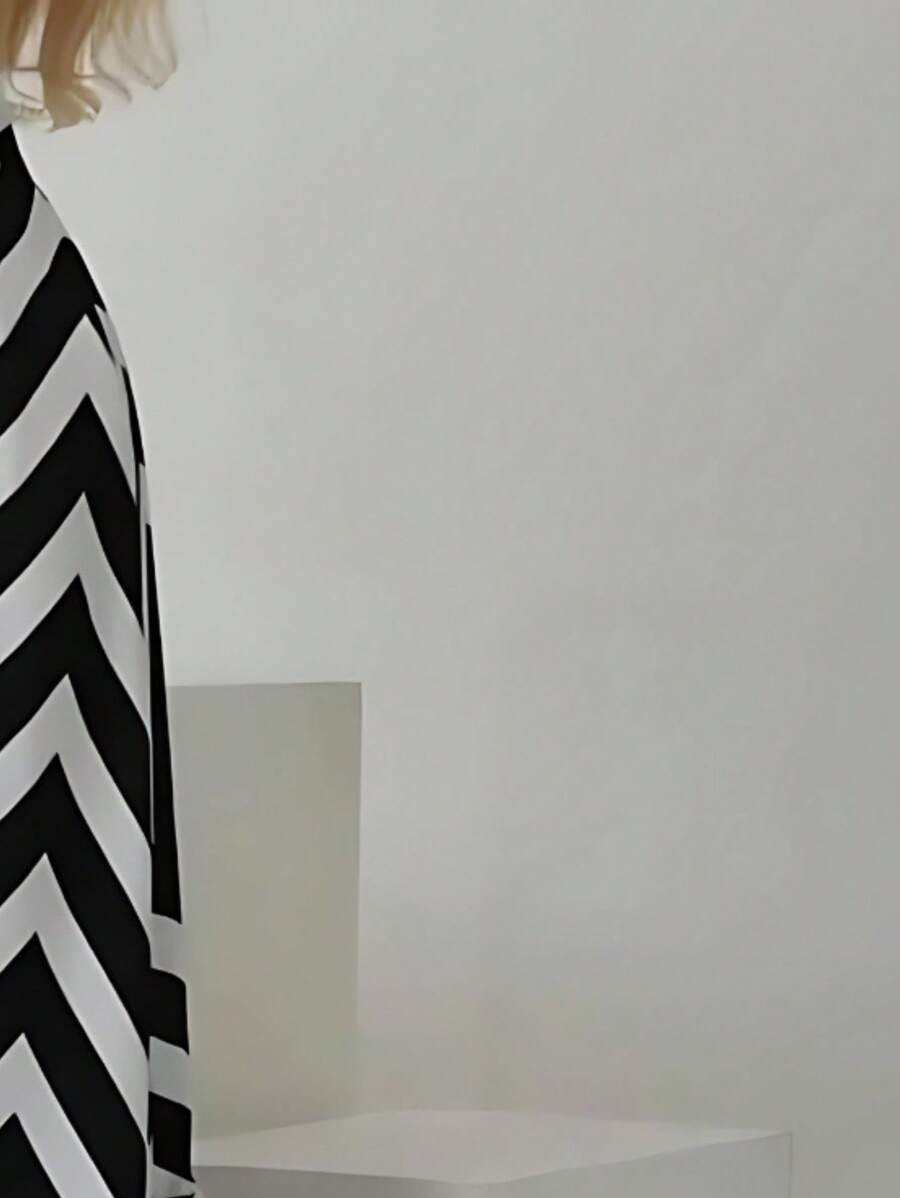 Long Zig Zag Striped Halter Dress - Black - View 1