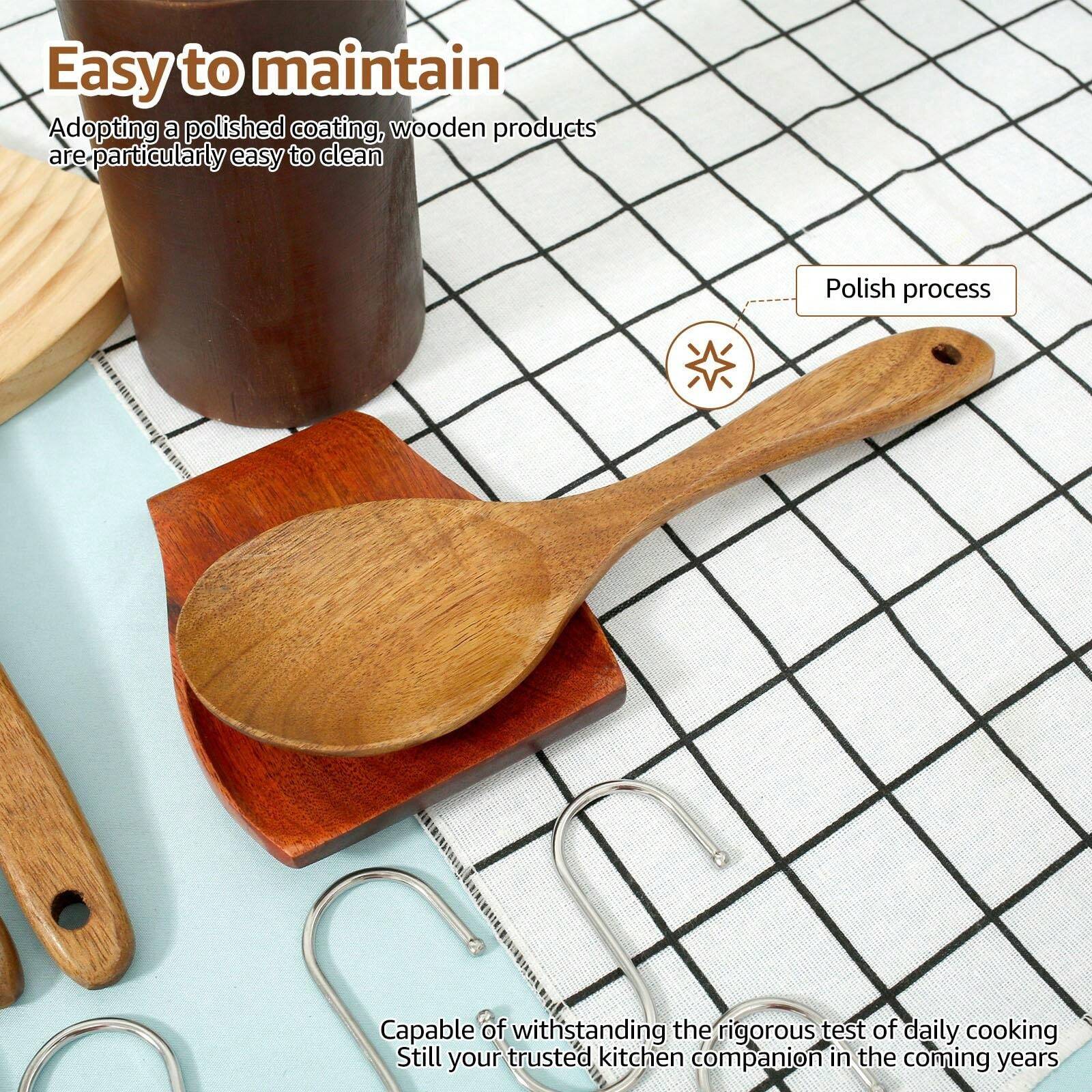 9 Pcs Cooking Cutlery Set With 7 Hooks Teak Wood Kitchen Utensils Set