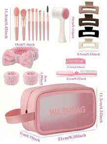 Bộ túi đựng mỹ phẩm trong suốt 18/9/1 món bao gồm: 1 cọ trang điểm mặt, 1 lược, 4 kẹp tóc, 1 túi đựng mỹ phẩm, 1 băng đô, bộ dụng cụ du lịch di động đựng bảng phấn mắt, cọ trang điểm, phấn mắt dạng lỏng, phấn phủ, kẻ mắt, son môi, son bóng, cọ môi, cọ phấn mắt, cọ phấn phủ, cọ nền, gel tạo kiểu tóc, mi giả, keo dán mi, hộp đựng mỹ phẩm du lịch, quà tặng Giáng sinh, túi nhỏ, ví cầm tay/túi xách nhỏ, hộp đựng mỹ phẩm, túi đựng cọ, túi mini, túi dung tích lớn, quà tặng Giáng sinh, túi đựng mỹ phẩm, đồ dùng du lịch thiết yếu. - Nhiều màu - Xem 11