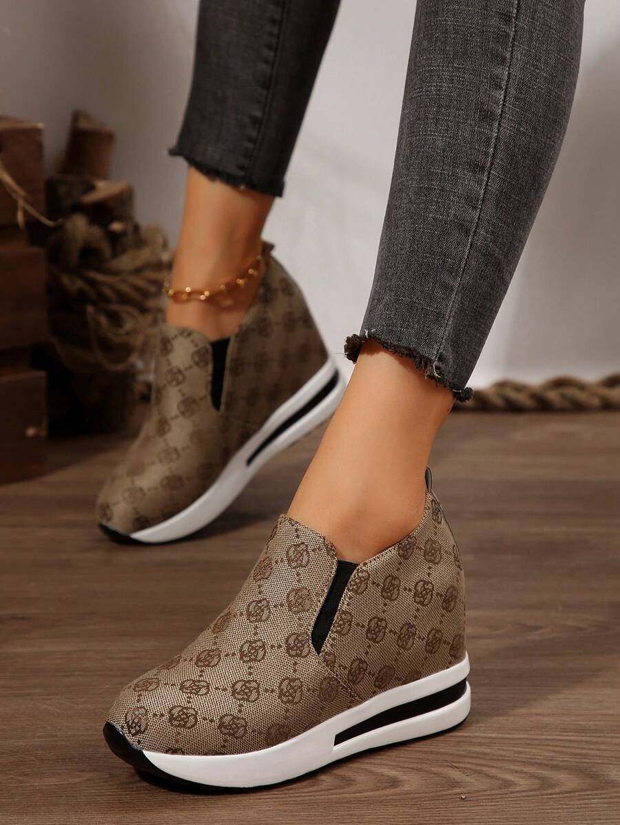 Women Height Increasing Sneakers, Spring/Autumn New Embroidered Floral Thick Sole Wedge Casual Trainers, Slip-On Canvas Shoes, Loafers - Khaki - View 1