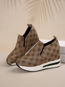 Women Height Increasing Sneakers, Spring/Autumn New Embroidered Floral Thick Sole Wedge Casual Trainers, Slip-On Canvas Shoes, Loafers - Khaki - View 7