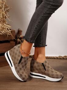 Women Height Increasing Sneakers, Spring/Autumn New Embroidered Floral Thick Sole Wedge Casual Trainers, Slip-On Canvas Shoes, Loafers - Khaki - View 3