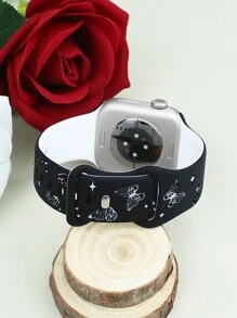 1pc Compatible With Apple Watch Band Women Engraved Cute Butterfly Pattern Strap Fashion Soft Sports Silicone Strap Compatible With Apple Watch 38/40/41/42/44/41/45/46/49mm Rivet Buckle Strap Compatible With Apple Watch Series Ultra/11/10/9/8/7/6/Se/5/4/3 Replacement Strap No Fading Butterfly Element Fashion Strap - Black With White Butterfly - View 4