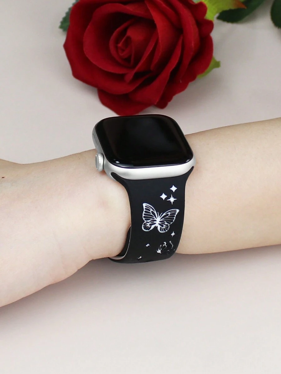 1pc Compatible With Apple Watch Band Women Engraved Cute Butterfly Pattern Strap Fashion Soft Sports Silicone Strap Compatible With Apple Watch 38/40/41/42/44/41/45/46/49mm Rivet Buckle Strap Compatible With Apple Watch Series Ultra/11/10/9/8/7/6/Se/5/4/3 Replacement Strap No Fading Butterfly Element Fashion Strap - Black With White Butterfly - View 1