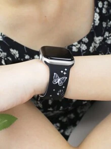 1pc Compatible With Apple Watch Band Women Engraved Cute Butterfly Pattern Strap Fashion Soft Sports Silicone Strap Compatible With Apple Watch 38/40/41/42/44/41/45/46/49mm Rivet Buckle Strap Compatible With Apple Watch Series Ultra/11/10/9/8/7/6/Se/5/4/3 Replacement Strap No Fading Butterfly Element Fashion Strap - Black With White Butterfly - View 6