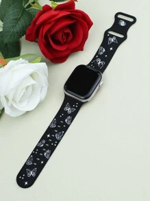 1pc Compatible With Apple Watch Band Women Engraved Cute Butterfly Pattern Strap Fashion Soft Sports Silicone Strap Compatible With Apple Watch 38/40/41/42/44/41/45/46/49mm Rivet Buckle Strap Compatible With Apple Watch Series Ultra/11/10/9/8/7/6/Se/5/4/3 Replacement Strap No Fading Butterfly Element Fashion Strap - Black With White Butterfly - View 3
