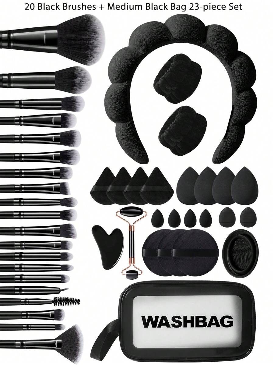 44件套化妆刷套装，包含眼影刷、眉刷、粉底刷、散粉刷、腮红刷、遮瑕刷和高光刷，采用柔软的合成毛制成，适合日常化妆。 - 黑色 - 查看 1