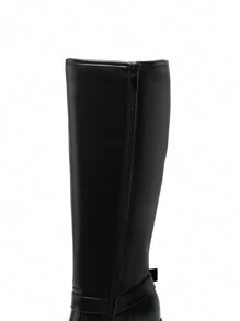 Women's Chunky Heel Platform Knee-High Boots Square Toe Side Zipper Adjustable Straps Buckle Decorated Motorcycle Riding Boots - 黑色 - 查看 9