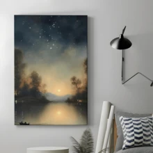 1 Pc Framed Canvas Wall Art Vintage Star Gazing Oil Painting, Vintage Landscape Wall Art, Moon And Stars Wall Decor, Stargazing Landscape Landscape Oil Painting For Living Room Bedroom - 彩色 - 查看 5
