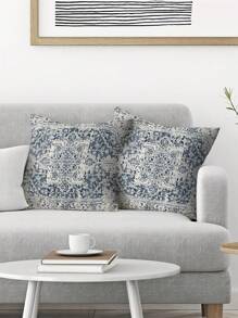 1 Stück Kissenbezug im Boho-Stil, dekoratives Kissenüberzug mit Muster, blauer Teppich Leinen Landhaus Sofa Couch Outdoor Kissenbezug, 45x45cm (ohne Kissenfüllung)