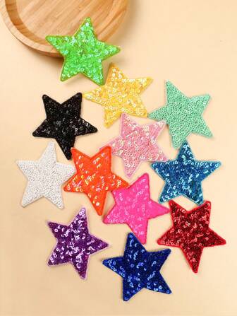 12枚 カラフルなスパンコール 五角星柄クロスステッカー、漫画風刺繍ワッペン、DIY クラフト、衣類、靴、帽子、バッグなどに使えます