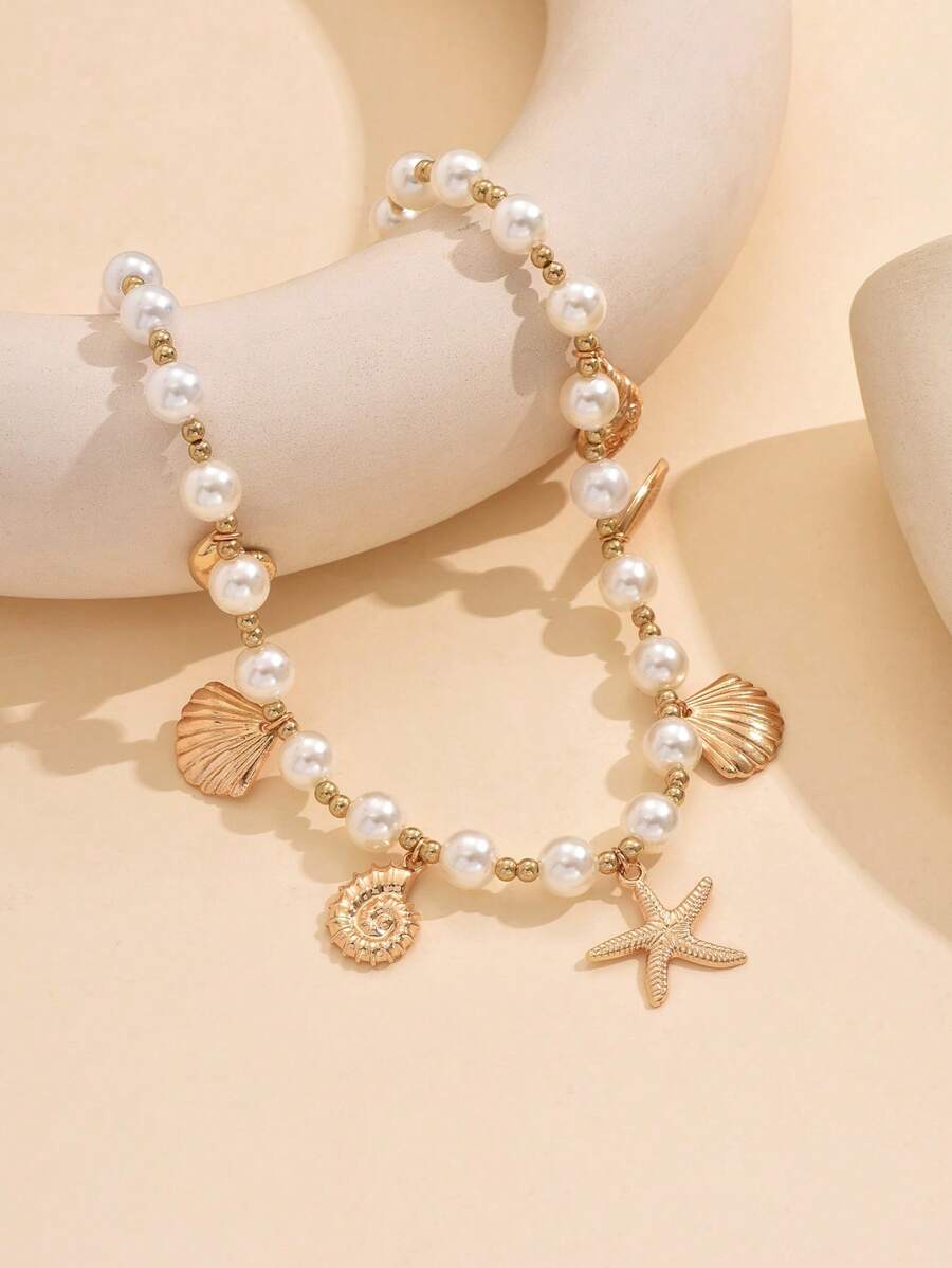 1pc Ocean Style Faux Pearl Beaded Pendant Necklace, Fashionable Women