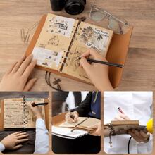 Journal - 1Pc A6 Notepad, 180 Pages Kraft Paper - High Quality Leather - Vintage Style - Stamp Pattern Booklet - With 2 Pockets - Removable Binder, Suitable As A Gift, Unisex - Daily Planner, Study Planner, Life Record, To Do List, Travel, Multi-Purpose - Notebook - 7.3 * 5.1 In/ Handbooks-Very Retro And Special Journal - Loose-Leaf Binder - Multicolor - View 6