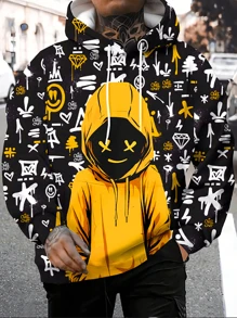 Men's Letter & Hacker Figure Printed Hooded Sweatshirt, For Fall, Long Sleeve Top - Multicolor - View 3