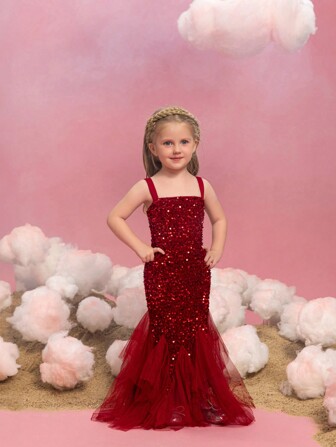 Ung Flicka Spaghetti Axelband Rygglös Elegant Mode Paljett Mesh Slipklänning