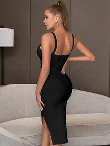 Đầm bó sát hở lưng cổ chữ V xẻ đùi cho tiệc cocktail đêm hẹn hò, đầm dạ hội bán trang trọng thanh lịch, dự tiệc sinh nhật, khách dự tiệc cưới, tốt nghiệp, tiệc tối, dạ hội - màu đen - Xem 2
