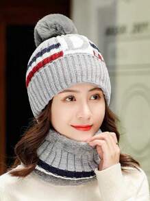 1pc-2 Pcs/Set Winter Neck Warmer & Knit Hat Set, Thicken Plush Windproof & Coldproof Casual Warm Hat Neck Scarf - Black - View 24