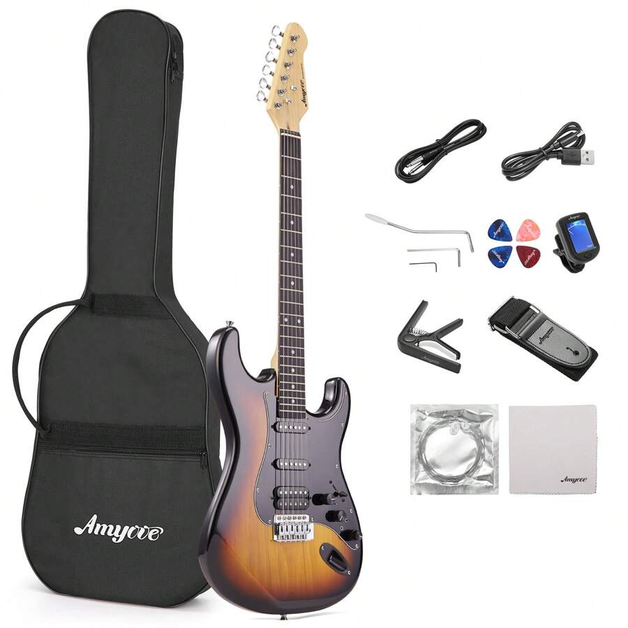 Guitarra eléctrica de 39 pulgadas de tamaño completo, kit de guitarra eléctrica de Body sólido, pastilla HSS, kit de iniciación que incluye amplificador, bolsa, capo, correa, cuerdas, afinador, cable, púas, guitarra eléctrica para principiantes - Pastillas HSS AMY-30 de Sunset Color - Ver 1