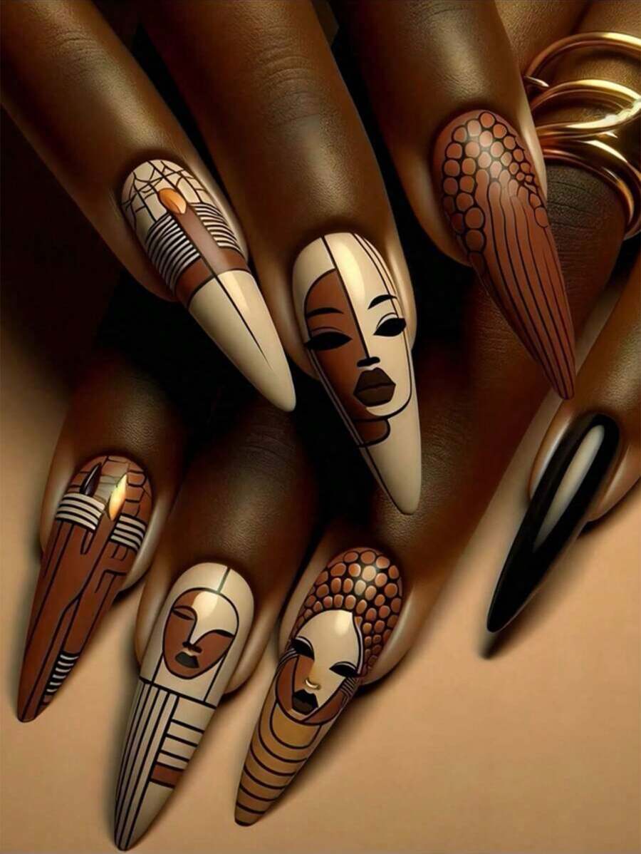 24 件杏仁形埃及女王可拆卸假指甲 - 附赠 1 件果冻指甲凝胶和 1 件指甲锉，适用于女士美甲装饰 - 彩色 - 查看 1