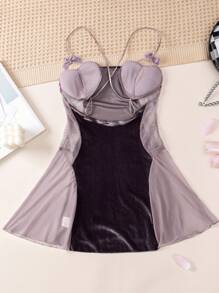 قطعة واحدة من ملابس داخلية من الفمواس داخلية طويلة من القطيفة على شكل قلب كبير، ليلي من جاكار مخمل نصف شفاف - الأرجواني - مشاهدة 4