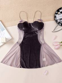 قطعة واحدة من ملابس داخلية من الفمواس داخلية طويلة من القطيفة على شكل قلب كبير، ليلي من جاكار مخمل نصف شفاف - الأرجواني - مشاهدة 3