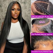 250% Density 13x6 Bone Straight Lace Front Wigs Human Hair HD Transparent Lace Frontal Human Hair Wigs For Women Glueless Wigs Human Hair Pre Plucked Natural Color Full Hair Up To 40Inch - 黑色 - 查看 3