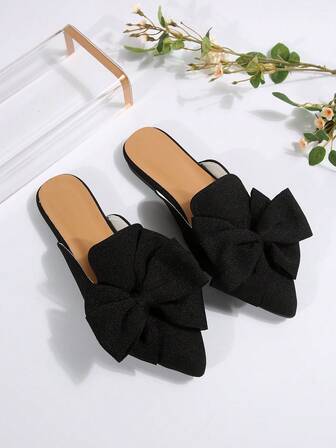 女士尖头蝴蝶结半露背穆勒鞋，优雅休闲平底一脚蹬鞋，黑色，春/秋