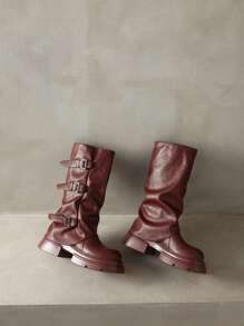 Women's Round Toe Low Heel Solid Color Knee High Boots, Simple And Versatile - Burgundy - View 7