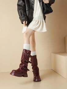 Women's Round Toe Low Heel Solid Color Knee High Boots, Simple And Versatile - Burgundy - View 2