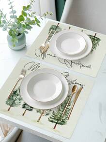 Set de 4 manteles individuales con estampado de árbol de Navidad, modernos manteles individuales de fibra de poliéster para decoración de mesa de comedor y cocina, aptos para decoración navideña - Multicolor - Ver 4