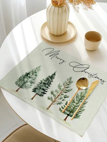 4pcs/Set Christmas Tree Pattern Printed Placemats, Modern Polyester Fiber Kitchen Dining Table Decor Fabric Placemats, Suitable For Christmas Decoration In Dining Room & Kitchen
